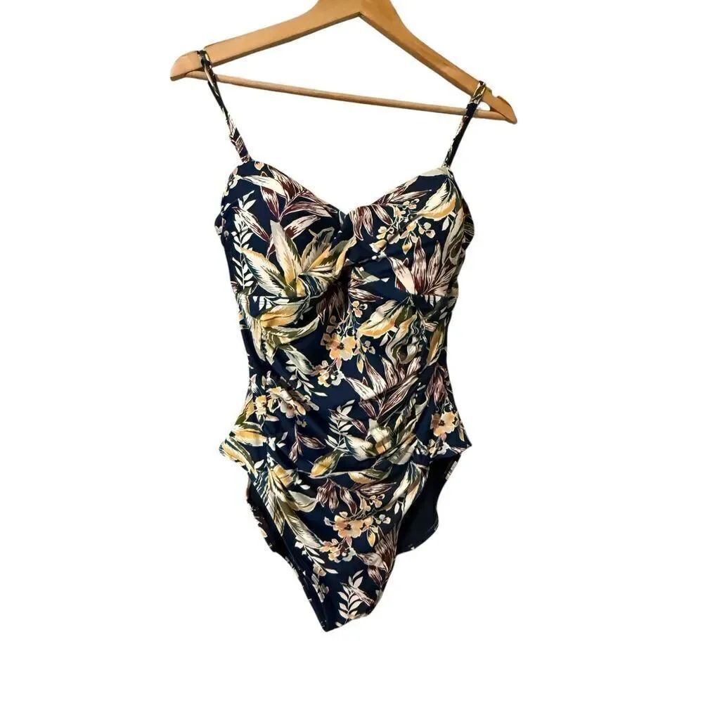 Anne Cole Sz 10 One Piece Swimsuit Smoothing Tummy Control Navy Tropical Floral